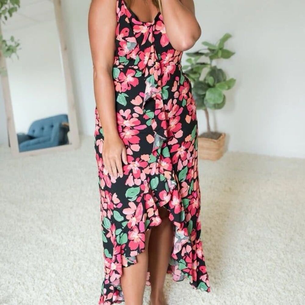 Emily Wonder Floral Midi Maxi High Low Dress Front Ruffle Slit Women’s Large NWT